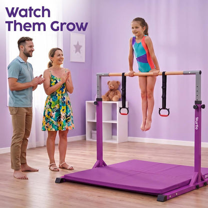 Hurtle Foldable Gymnastics Bar With Adjustable Height, Large Mat, Non-Slip Base, And Supports Up To 220 Lbs., Ideal For Home Use, Training, And Kids Ages 6+ (Purple)