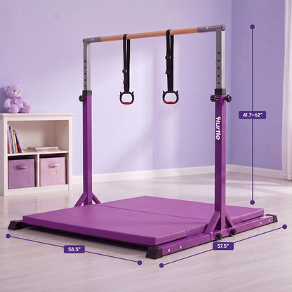 Hurtle Foldable Gymnastics Bar With Adjustable Height, Large Mat, Non-Slip Base, And Supports Up To 220 Lbs., Ideal For Home Use, Training, And Kids Ages 6+ (Purple)