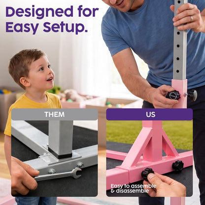 Hurtle Foldable Gymnastics Bar With Adjustable Height, Non-Slip Base, And Supports Weight Up To 220 Lbs., Ideal For Home Use, Training, And Kids Ages 6+ (Pink)