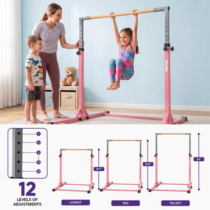 Hurtle Foldable Gymnastics Bar With Adjustable Height, Non-Slip Base, And Supports Weight Up To 220 Lbs., Ideal For Home Use, Training, And Kids Ages 6+ (Pink)
