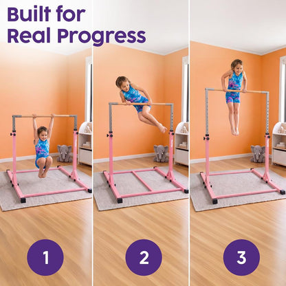 Hurtle Foldable Gymnastics Bar With Adjustable Height, Non-Slip Base, And Supports Weight Up To 220 Lbs., Ideal For Home Use, Training, And Kids Ages 6+ (Pink)