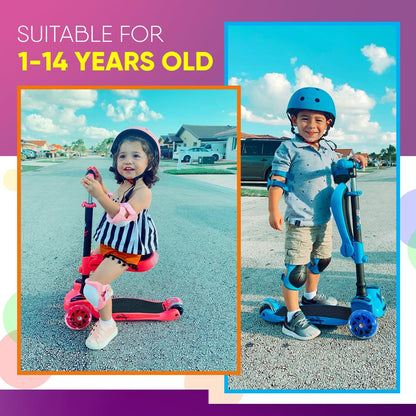 Kids Scooter with Seat, LED Wheels, Adjustable Height, Purple
