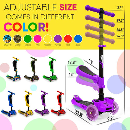 Kids Scooter with Seat, LED Wheels, Adjustable Height, Purple