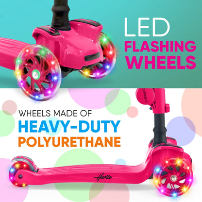 Kids Scooter with Seat, LED Wheels, Adjustable Height, Pink