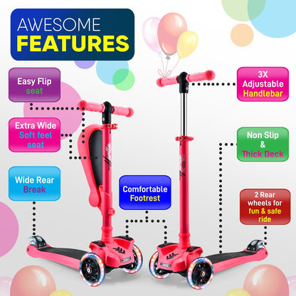Kids Scooter with Seat, LED Wheels, Adjustable Height, Watermelon