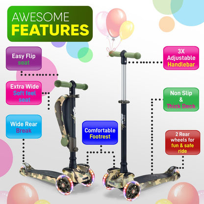 Kids Scooter with Seat, LED Wheels, Adjustable Height, Camouflage