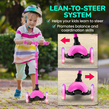 Mini Kickboard Scooter for Kids, LED Wheels, Adjustable Height, Pink
