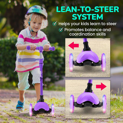 Kids Mini Kick Scooter, LED Wheels, Adjustable Handlebar, Purple