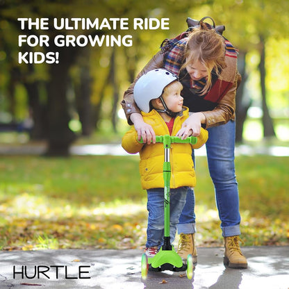 Mini Kickboard Scooter for Kids, Adjustable, LED Wheels, Green