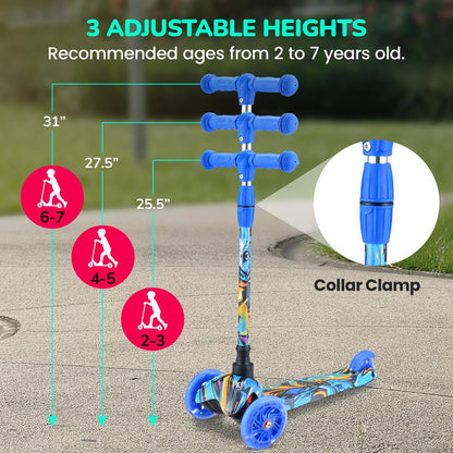 Kids Mini Kick Scooter, Fun LED Wheels, Adjustable Handlebar, Graffiti