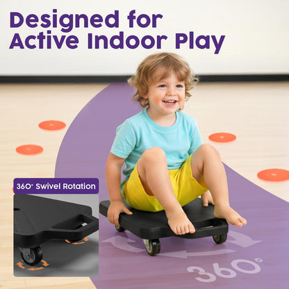 Hurtle Kids Scooter Board - With Handles, Tow Strap, Smooth Casters, And Flat Round Cones For Indoor Play, Gym Classes, And Pe Activities (Black)