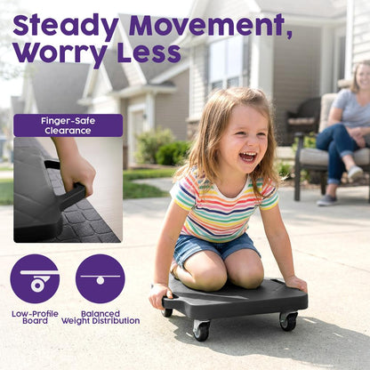 Hurtle Kids Scooter Board - With Handles, Tow Strap, Smooth Casters, And Flat Round Cones For Indoor Play, Gym Classes, And Pe Activities (Black)