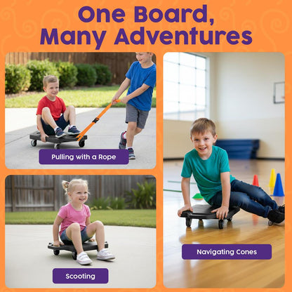 Hurtle Kids Scooter Board - With Handles, Tow Strap, Smooth Casters, And Flat Round Cones For Indoor Play, Gym Classes, And Pe Activities (Black)
