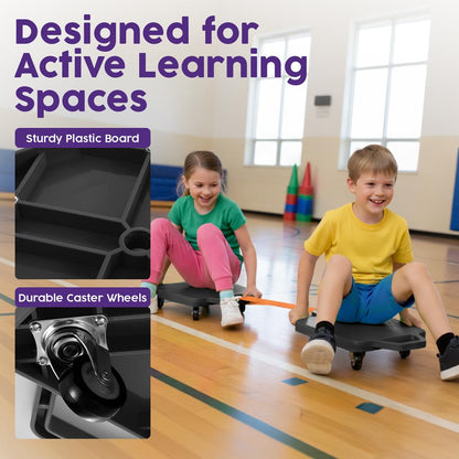Hurtle Kids Scooter Board - With Handles, Tow Strap, Smooth Casters, And Flat Round Cones For Indoor Play, Gym Classes, And Pe Activities (Black)