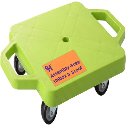 Hurtle Kids Scooter Board - With Handles, Tow Strap, Smooth Casters, And Flat Round Cones For Indoor Play, Gym Classes, And Pe Activities (Green)