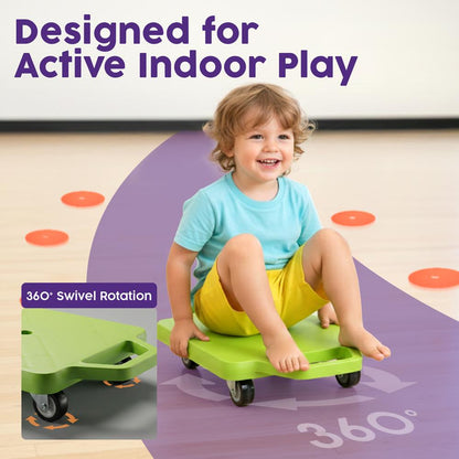 Hurtle Kids Scooter Board - With Handles, Tow Strap, Smooth Casters, And Flat Round Cones For Indoor Play, Gym Classes, And Pe Activities (Green)