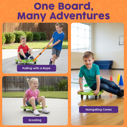 Hurtle Kids Scooter Board - With Handles, Tow Strap, Smooth Casters, And Flat Round Cones For Indoor Play, Gym Classes, And Pe Activities (Green)