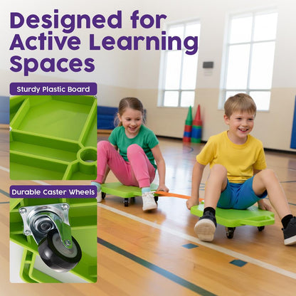 Hurtle Kids Scooter Board - With Handles, Tow Strap, Smooth Casters, And Flat Round Cones For Indoor Play, Gym Classes, And Pe Activities (Green)