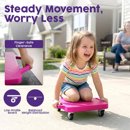 Hurtle Kids Scooter Board - With Handles, Tow Strap, Smooth Casters, And Flat Round Cones For Indoor Play, Gym Classes, And Pe Activities (Pink)