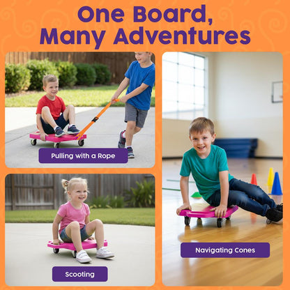 Hurtle Kids Scooter Board - With Handles, Tow Strap, Smooth Casters, And Flat Round Cones For Indoor Play, Gym Classes, And Pe Activities (Pink)