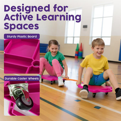 Hurtle Kids Scooter Board - With Handles, Tow Strap, Smooth Casters, And Flat Round Cones For Indoor Play, Gym Classes, And Pe Activities (Pink)