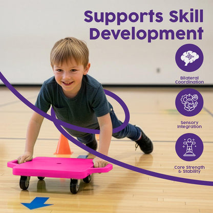 Hurtle Kids Scooter Board - With Handles, Tow Strap, Smooth Casters, And Flat Round Cones For Indoor Play, Gym Classes, And Pe Activities (Pink)