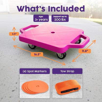 Hurtle Kids Scooter Board - With Handles, Tow Strap, Smooth Casters, And Flat Round Cones For Indoor Play, Gym Classes, And Pe Activities (Pink)