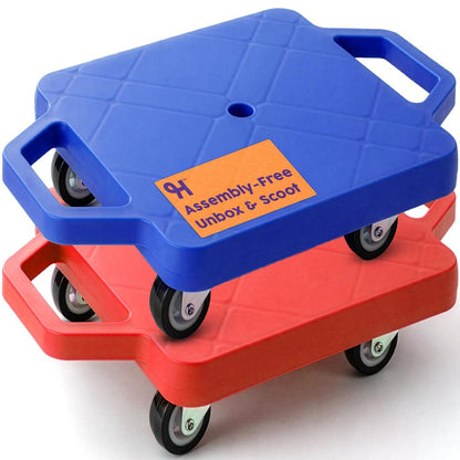Hurtle Kids Scooter Board Set - With Handles, Tow Strap, Smooth Casters, And Flat Round Cones For Indoor Play, Gym Classes, And Pe Activities (Blue & Red)