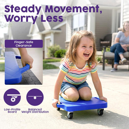 Hurtle Kids Scooter Board Set - With Handles, Tow Strap, Smooth Casters, And Flat Round Cones For Indoor Play, Gym Classes, And Pe Activities (Blue & Red)