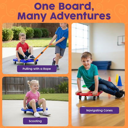 Hurtle Kids Scooter Board Set - With Handles, Tow Strap, Smooth Casters, And Flat Round Cones For Indoor Play, Gym Classes, And Pe Activities (Blue & Red)
