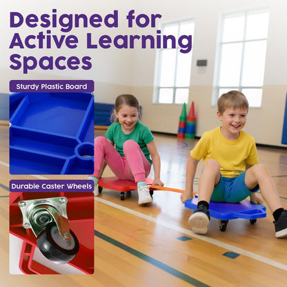 Hurtle Kids Scooter Board Set - With Handles, Tow Strap, Smooth Casters, And Flat Round Cones For Indoor Play, Gym Classes, And Pe Activities (Blue & Red)