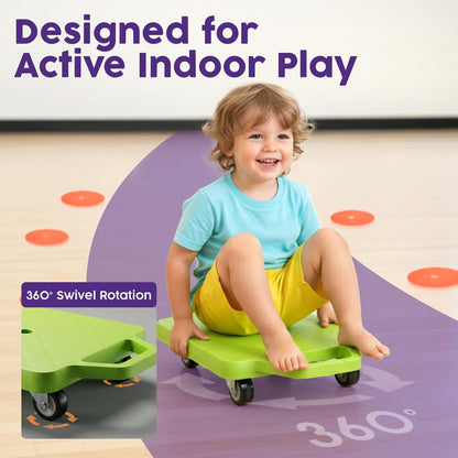 Hurtle Kids Scooter Board Set - With Handles, Tow Strap, Smooth Casters, And Flat Round Cones For Indoor Play, Gym Classes, And Pe Activities (Green & Black)