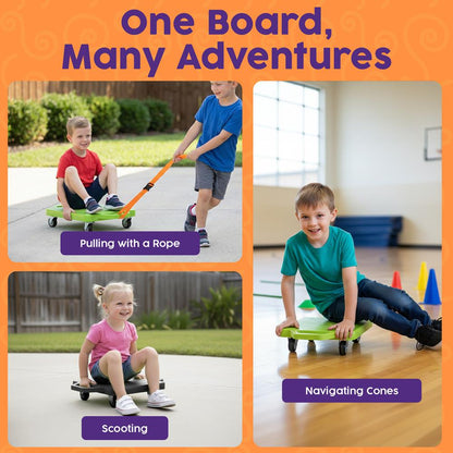 Hurtle Kids Scooter Board Set - With Handles, Tow Strap, Smooth Casters, And Flat Round Cones For Indoor Play, Gym Classes, And Pe Activities (Green & Black)