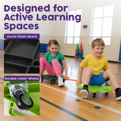 Hurtle Kids Scooter Board Set - With Handles, Tow Strap, Smooth Casters, And Flat Round Cones For Indoor Play, Gym Classes, And Pe Activities (Green & Black)