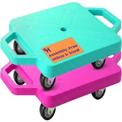 Hurtle Kids Scooter Board Set - With Handles, Tow Strap, Smooth Casters, And Flat Round Cones For Indoor Play, Gym Classes, And Pe Activities (Teal & Pink)