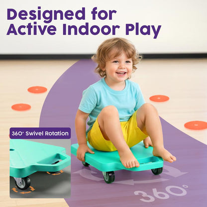 Hurtle Kids Scooter Board Set - With Handles, Tow Strap, Smooth Casters, And Flat Round Cones For Indoor Play, Gym Classes, And Pe Activities (Teal & Pink)