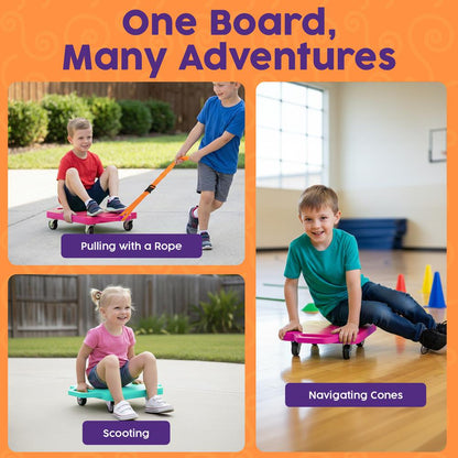 Hurtle Kids Scooter Board Set - With Handles, Tow Strap, Smooth Casters, And Flat Round Cones For Indoor Play, Gym Classes, And Pe Activities (Teal & Pink)