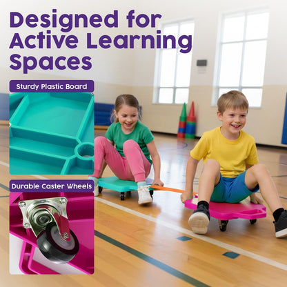 Hurtle Kids Scooter Board Set - With Handles, Tow Strap, Smooth Casters, And Flat Round Cones For Indoor Play, Gym Classes, And Pe Activities (Teal & Pink)