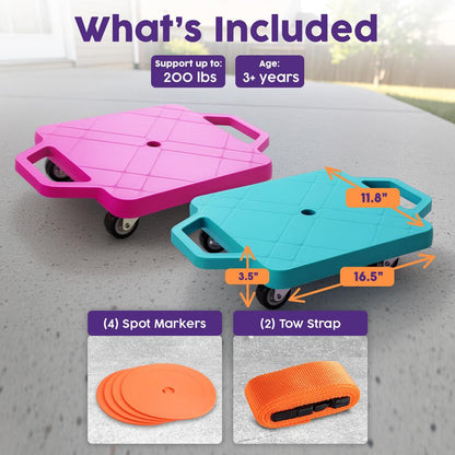 Hurtle Kids Scooter Board Set - With Handles, Tow Strap, Smooth Casters, And Flat Round Cones For Indoor Play, Gym Classes, And Pe Activities (Teal & Pink)
