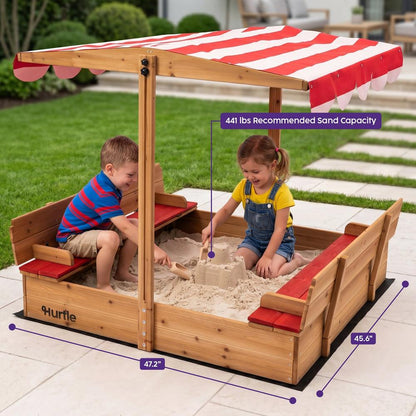 Hurtle Wooden Sandbox With Adjustable Hood For Kids, Safe Rounded Edges, Spacious And Durable For Outdoor Play (Red)