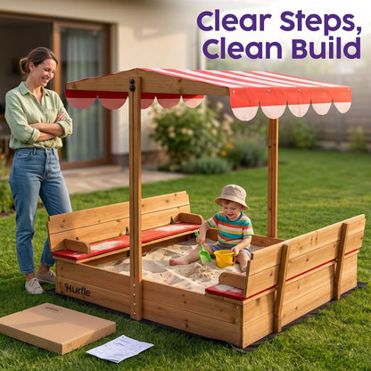 Hurtle Wooden Sandbox With Adjustable Hood For Kids, Safe Rounded Edges, Spacious And Durable For Outdoor Play (Red)