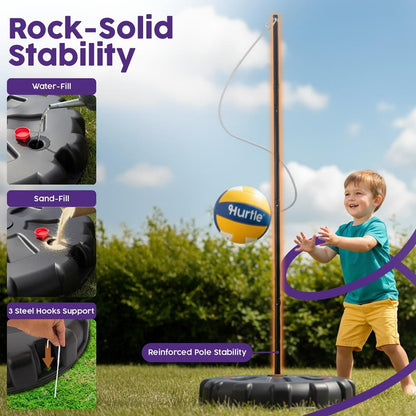 Hurtle Portable Tetherball Set - Complete Indoor/Outdoor Game With Ball, Cord, Pole, Pump And Heavy-Duty Base For Gym, Backyard, Beach, And Lawn Fun (Black)