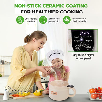 Portable Rice Cooker, Rapid Cooking, Non-Stick Ceramic, White