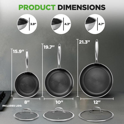 6-Piece Non-Stick Frying Pan Set, Quick Heat, Tri-Ply Stainless Steel