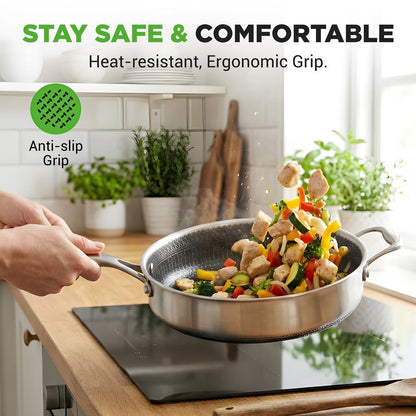 Deep Frying Pan 3.4QT Non-Stick Stainless Steel Scratch-Resistant