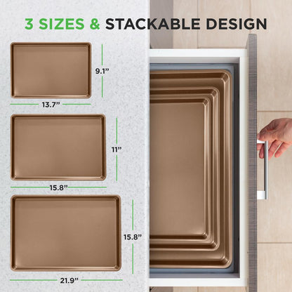 3-Piece Nonstick Baking Pan Set, Durable Carbon Steel, Gold