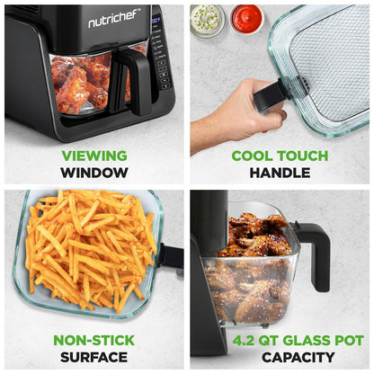 4 QT Air Fryer & Grill, 7-in-1, Glass Pot, Digital Control, Black