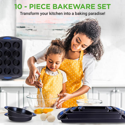 10-Piece Nonstick Bakeware Set - Easy Clean Carbon Steel, Red Handles