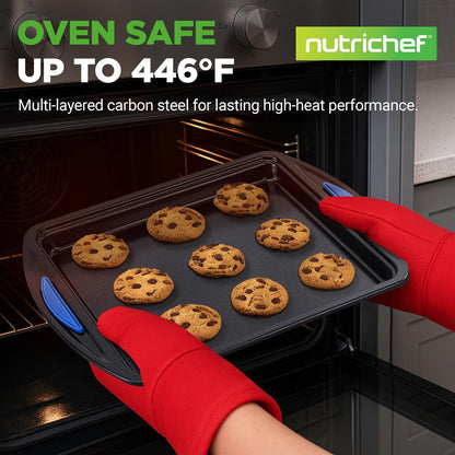 3-Piece Nonstick Cookie Sheets Set - Easy Cleanup Carbon Steel, Blue Handles