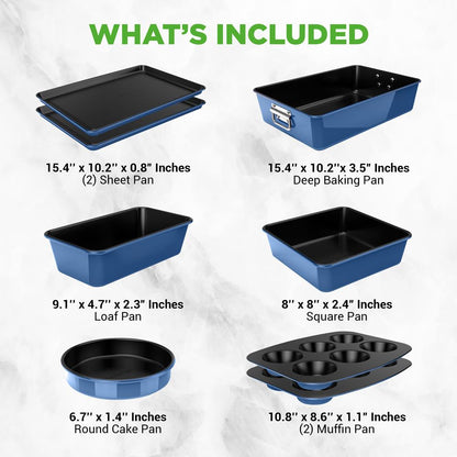 8-Piece Nonstick Bakeware Set - Space-Saving Carbon Steel, Blue